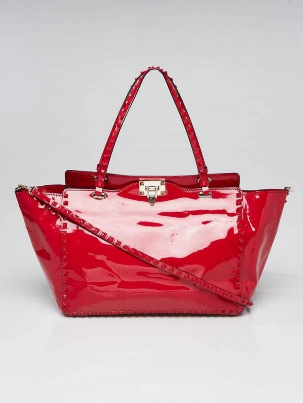 Valentino Patent Red Leather Rockstud Trapeze Medium Tote Bag